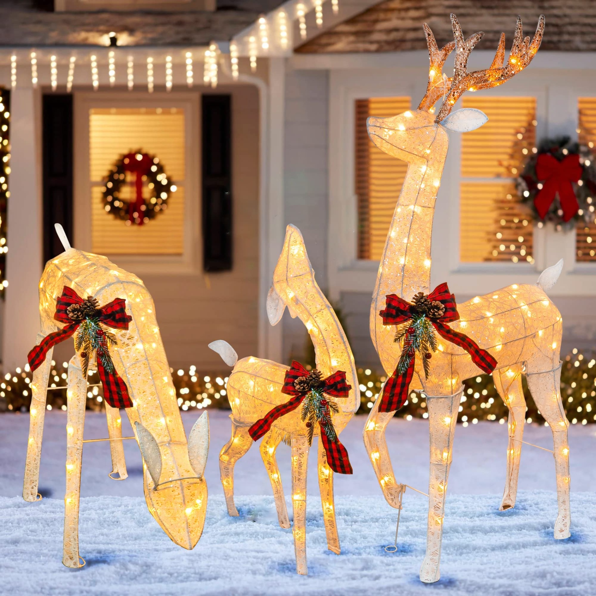 christmas deer decoration Niche Utama Home Hourleey -Piece Pre-Lit Christmas Reindeer Family Set, D Plug in   Count Warm White Lighted Christmas Decoration Outdoor, Waterproof Christmas